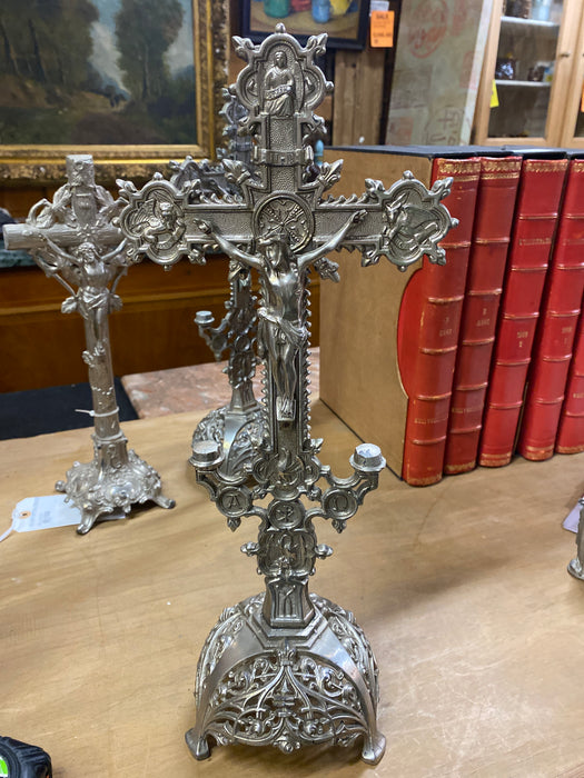 LARGE SILVER METAL CRUCIFIX WITH JOSEPH AND MARY