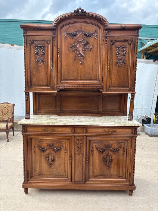 LOUIS XVI MARBLE TOP FLORAL OAK BUFFET DUEX CORPS