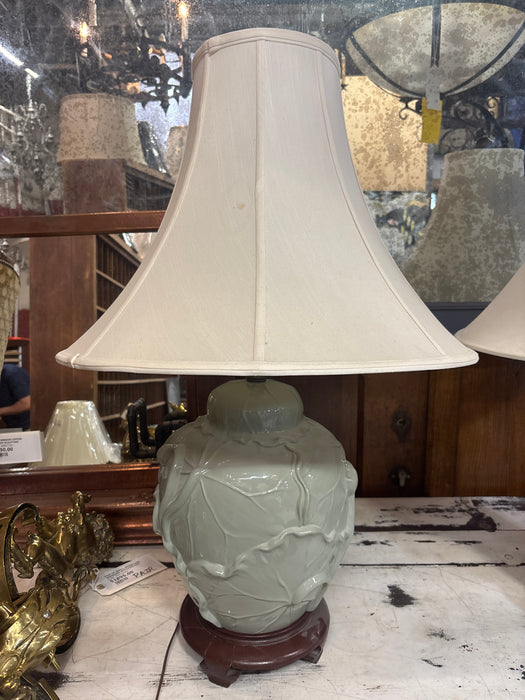 PAIR OF CELADON GREEN ASIAN LAMPS WITH BROWN BASE - AS FOUND