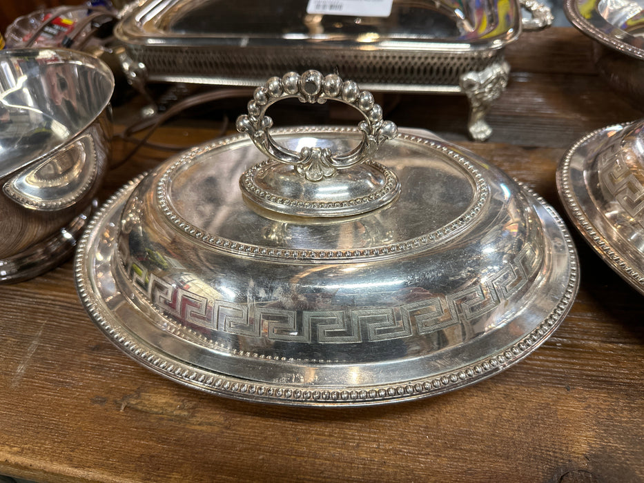 PAIR OF SILVERPLATE COVERED DISHES WITH GREEK KEY