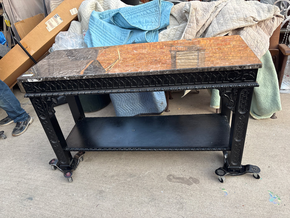 PIECED MARBLE TOP BLACK BASE CONSOLE TABLE - NOT OLD