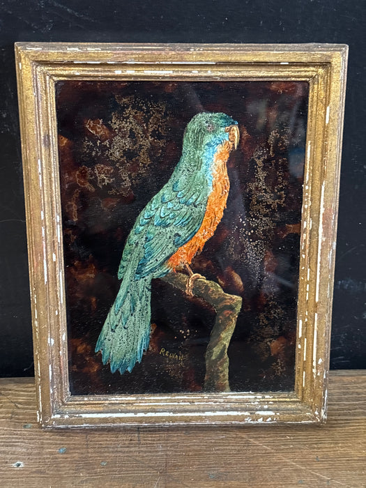 SMALL GOLD FRAMED PARROT ON BRANCH - SIGNED REIVAN