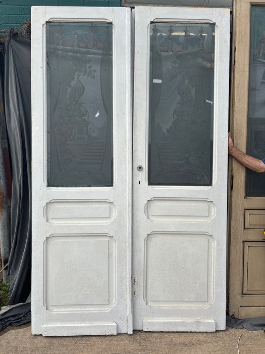 PAIR OF PAINTED AND ETCHED PEACOCK DOORS