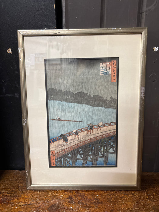 CHINESE WOOD BLOCK PRINT OF PEOPLE BY A BRIDGE
