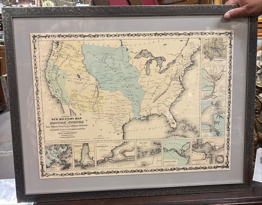 FRAMED COPY OF MILITARY DIVISIONS AMERICA MAP 1867 - JOHNSON AND BROWNING