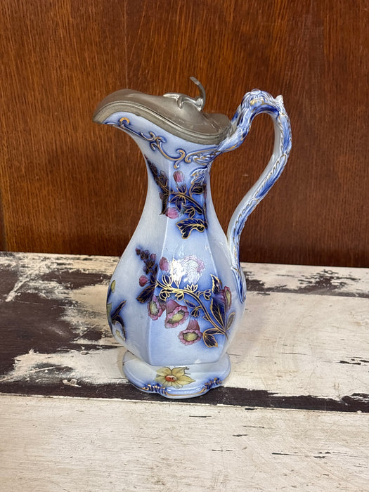 FLOW BLUE WITH POLYCHROME PEWTER LID PITCHER
