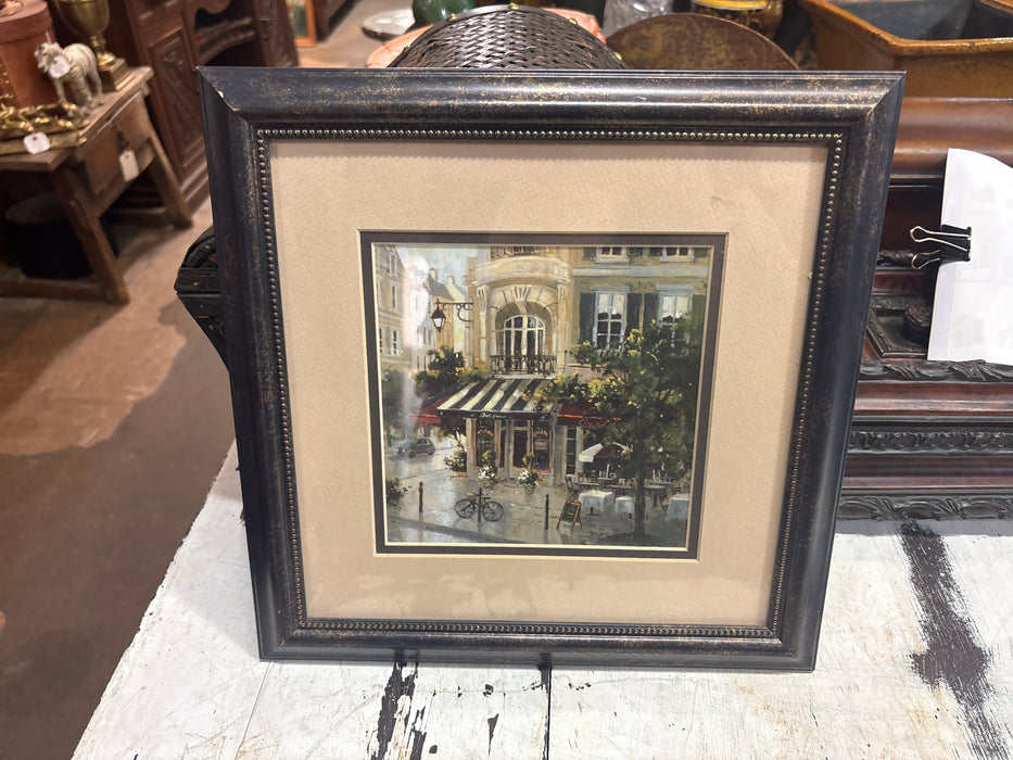 MOTTLED FRAMED PRINT OF FRENCH RESTURANT