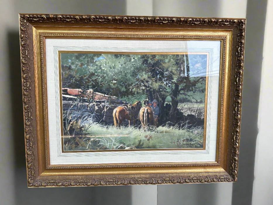 FRAMED  WATERCOLOR OF HORSES IN THE SHADE SIGNED JAMES E BOREN