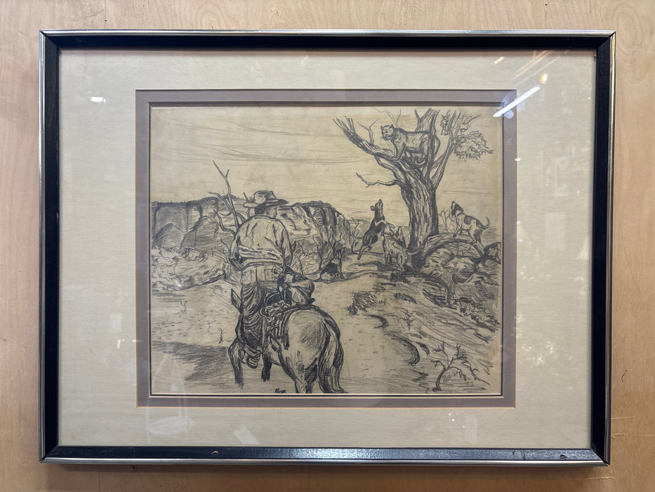 FRAMED WESTERN PENCIL DRAWING OF MAN WATCHING DOGS BARK AT BIG CAT IN TREE