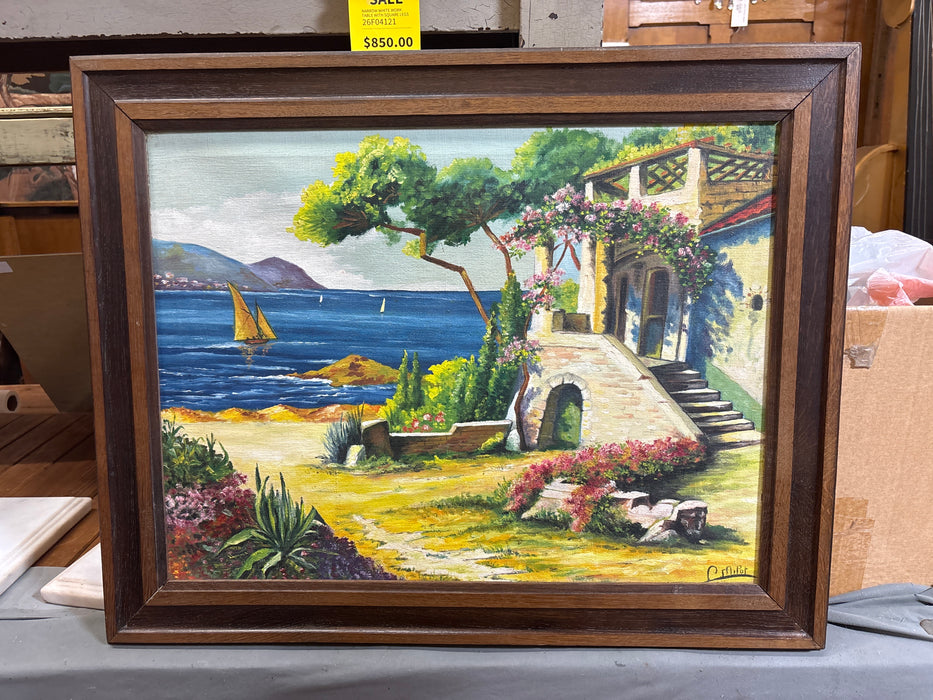 BROWN FRAMED VILLA ON WATER WITH SAIL BOATS OIL PAINTING - SIGNED