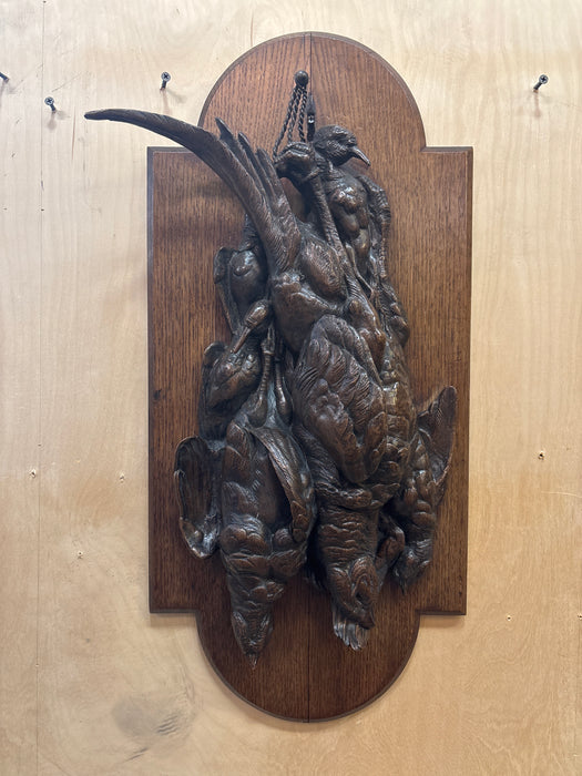 PAIR OF LARGE CARVED WOOD MORT BIRDS AND RABBIT PANELS