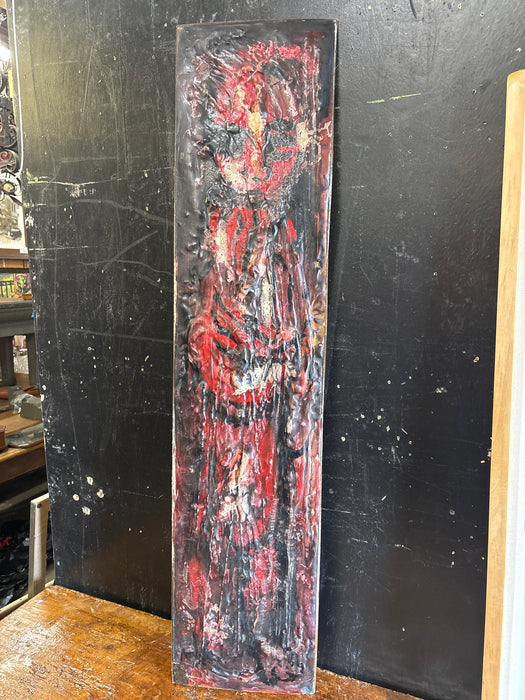 UNFRAMED TEXTURED RED AND BLACK ABSTRACT RELIEF ON PANEL