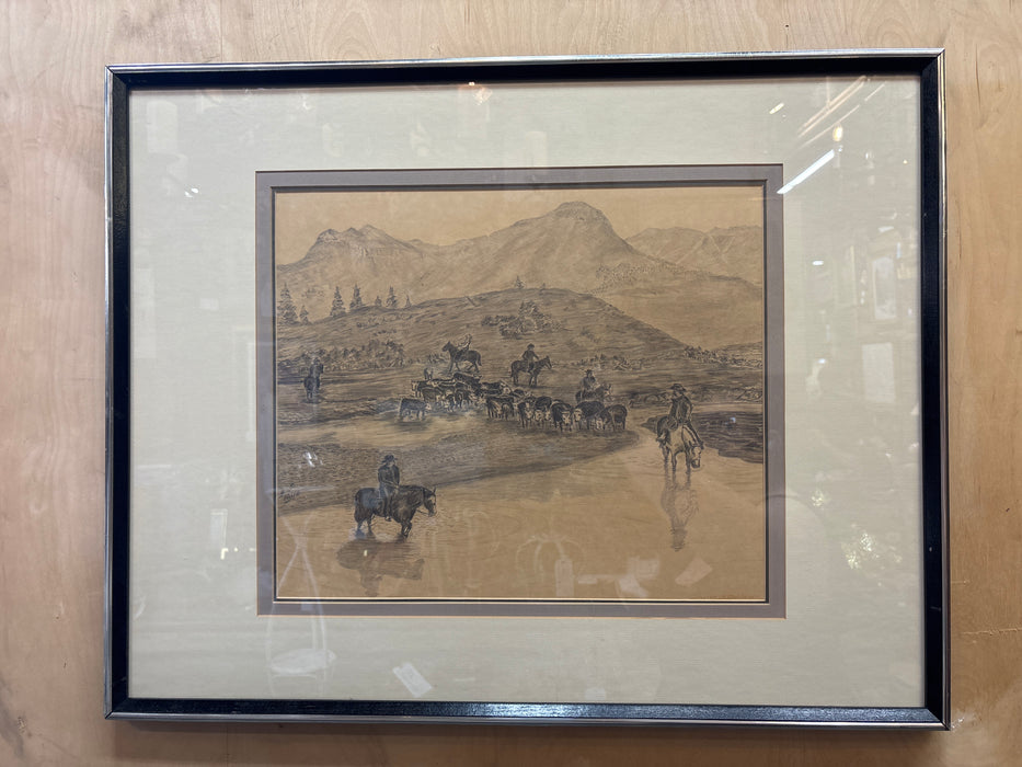 FRAMED WESTERN PENCIL DRAWING OF MEN HERDING COWS TO WATER SPOUT