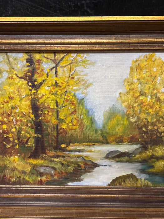 BROWN AND GOLD FRAMED AUTUMN LANDSCAPE WITH RIVER - SIGNED BETTY EARL