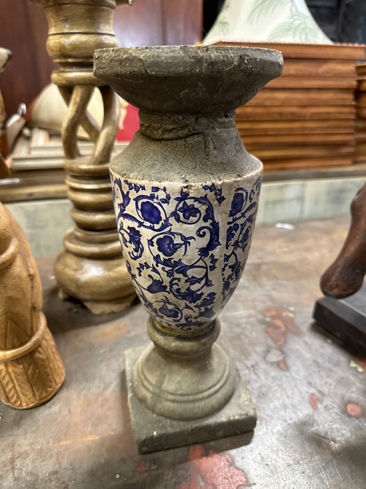 SMALL CAST STONE AND BLACK AND WHITE CERAMIC STAND