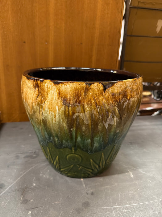 SMALL GREEN AND BROWN JARDINIERE WITH EMBOSSED LEAVES