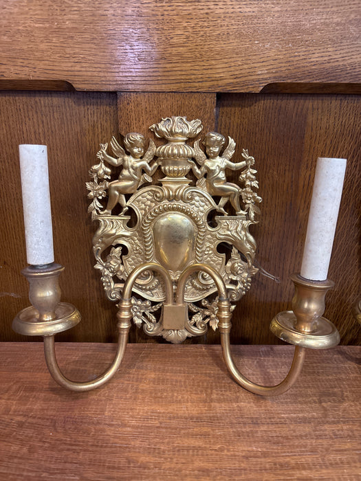 PAIR OF GOLD CANDLESTICK CHERUB SCONCES