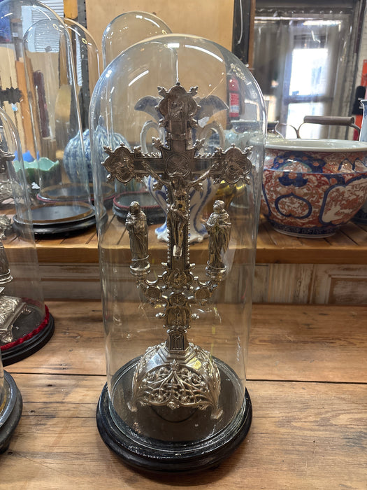 DOMED BASE METAL CRUCIFIX WITH MARY AND JOSEPH UNDER DOME