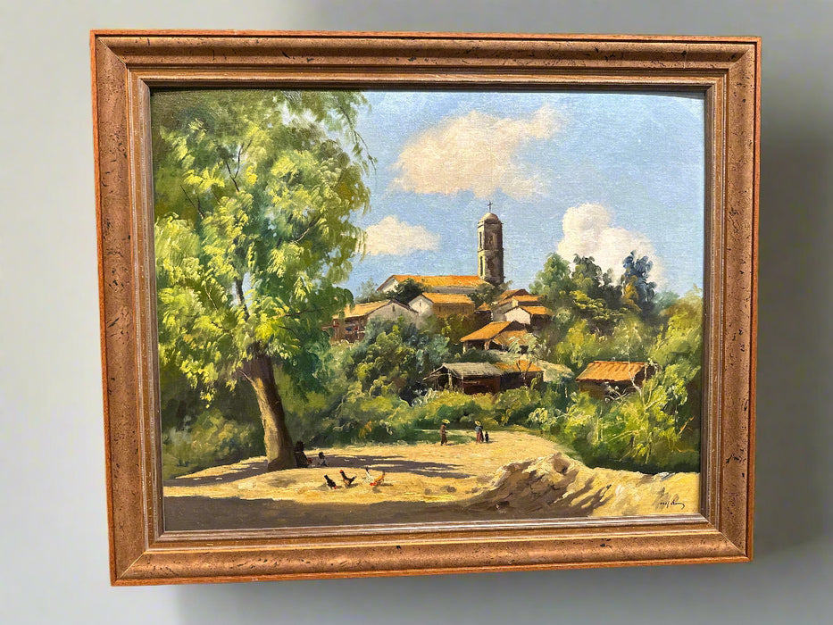 FRAMED LANDSCAPE OIL PAINTING OF A VILLAGE WITH A STEEPLE SIGNED JOSE VIVES ASTARA