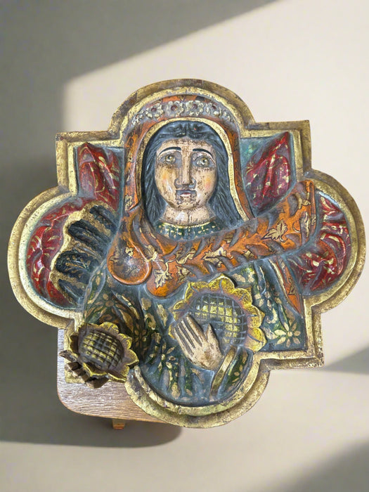 HAND CARVED AND PAINTED RELIGIOUS LADY WALL PLAQUE