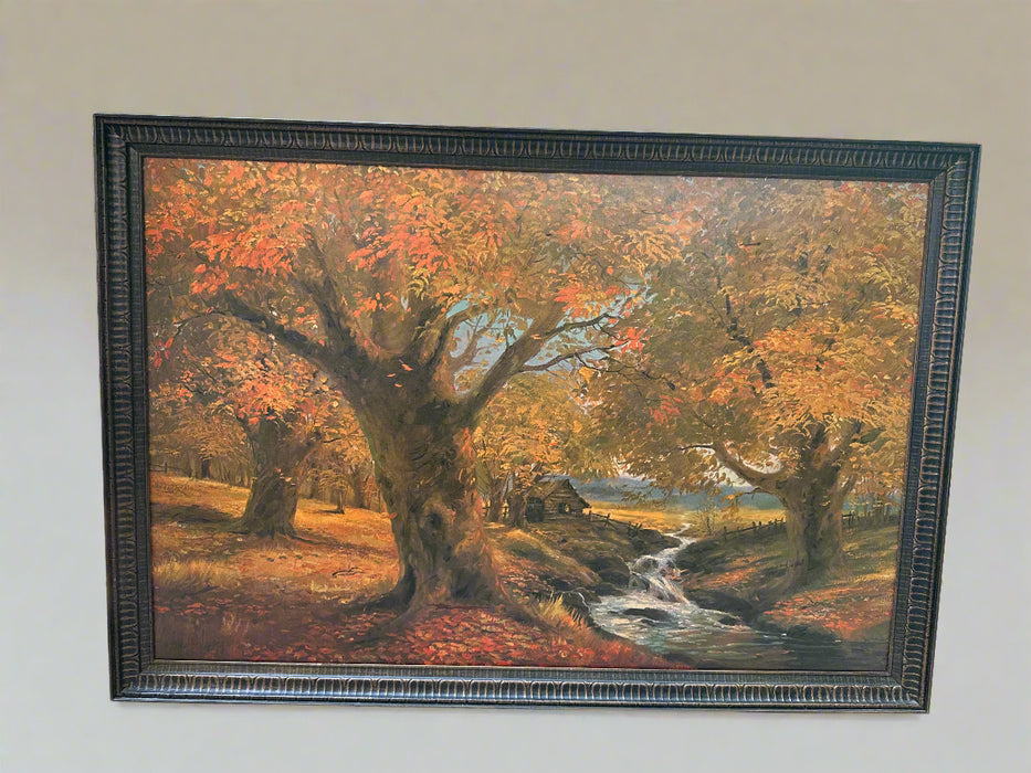 FRAMED AUTUMN PRINT OF TRESS WITH ORANGE FOLIAGE BY A STREAM