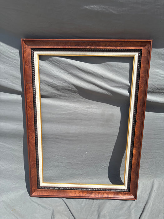 LARGE BURL WOOD FRAME WITH ROPE TWIST AND LINEN FILET