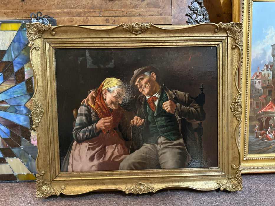 GILT FRAMED 19TH CENTURY ITALIAN OIL PAINTING OF AN OLD COUPLE - SIGNED JULES ZERMATI