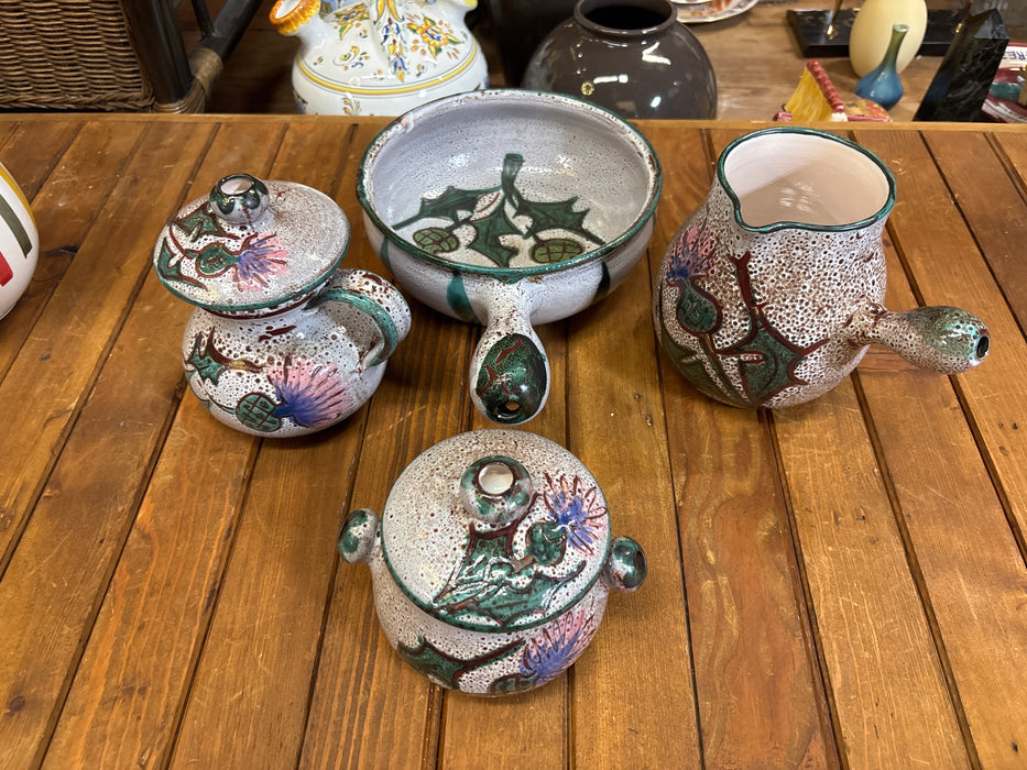 SET OF 4 GREEN AND GRAY ETIENNE DANIEL MIDCENTURY MODERN POTTERY PIECES - TEA POT, CREAMER, SUGAR, AND PAN