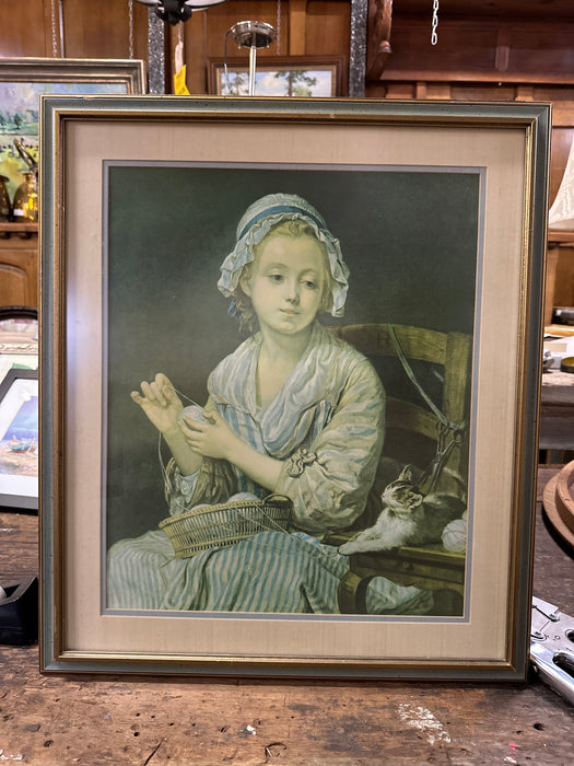 PRINT OF GIRL SEWING WITH CAT