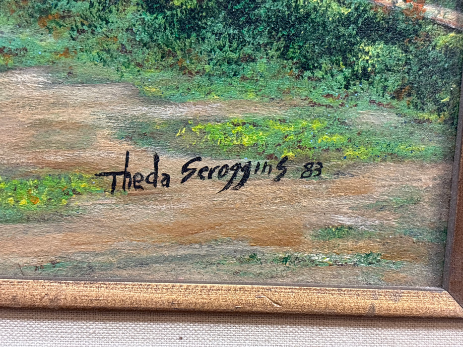 LARGE BROWN FRAMED ACRYLIC PAINTING ON BOARD OF BUILDING IN FIELD OF FLOWERS - SIGNED THEDA SCROGGINS