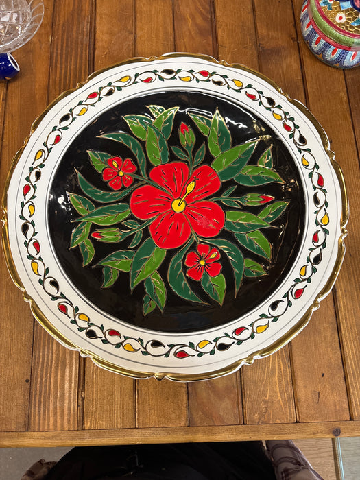LARGE HANDMADE MANOUSAKIS KERAMIK GREEK RED LILY PLATE