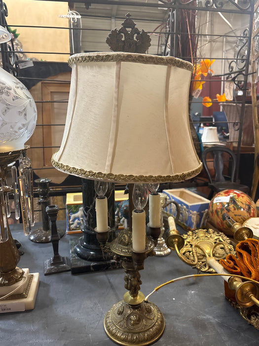 3 LIGHT BRASS BANKERS LAMP WITH SHADE AND EAGLE FINIAL