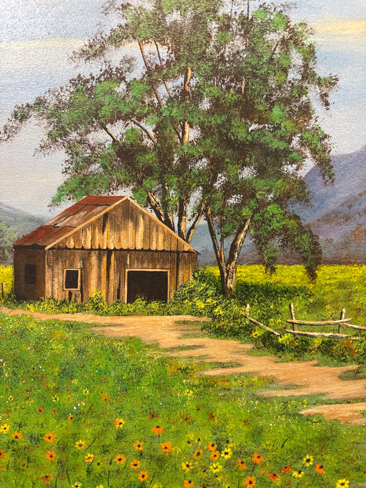LARGE BROWN FRAMED ACRYLIC PAINTING ON BOARD OF BUILDING IN FIELD OF FLOWERS - SIGNED THEDA SCROGGINS