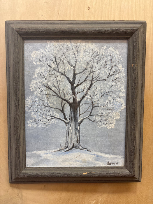 SMALL RUSTIC FRAMED PAINTING OF WINTER SCENE TREE - SIGNED B. WERSAL