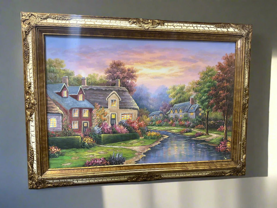 BRIGHT COLORS COTTSWALD COTTAGES OIL PAINTING SIGNED LR