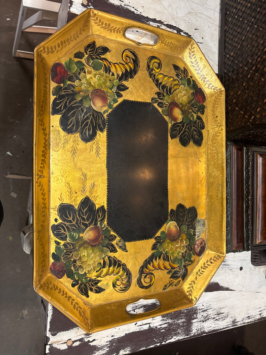 LARGE BLACK AND GOLD TOLLE TRAY WITH PAINTED FRUIT