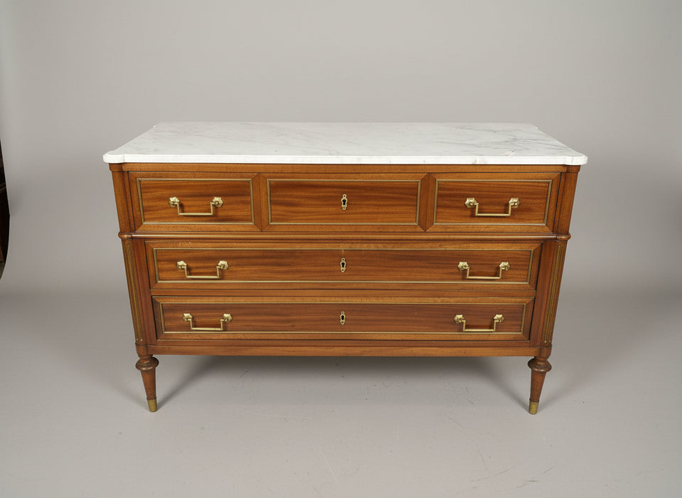 LARGE LOUIS XVI WHITE MARBLE TOP RIBBON CUT MAHOGANY CHEST WITH PULL OUT WRITING SURFACE