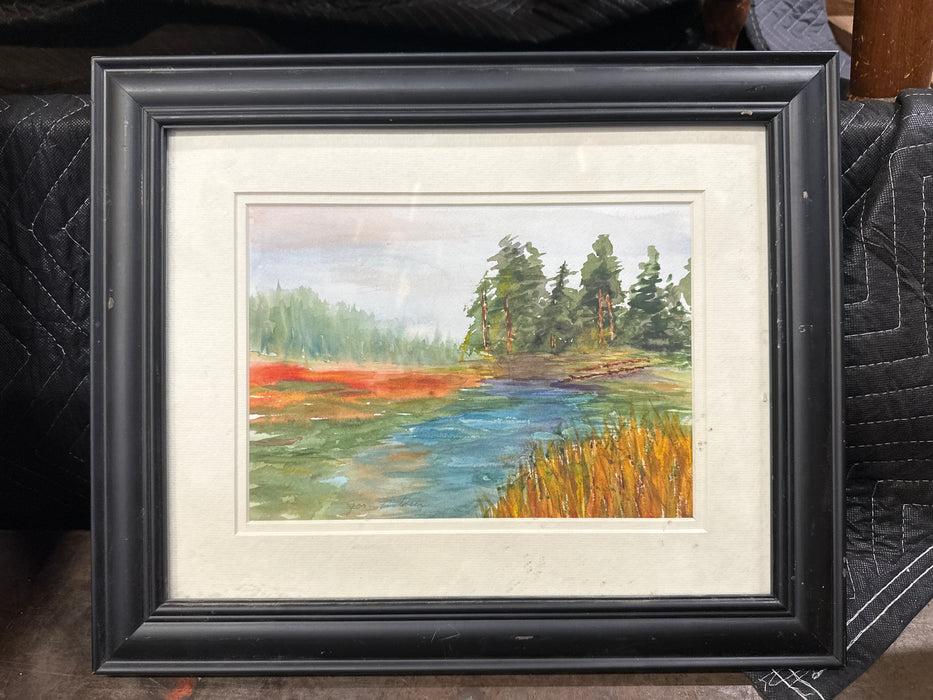 SMALL FRAMED WATERCOLOR OF A RIVER WITH TREES
