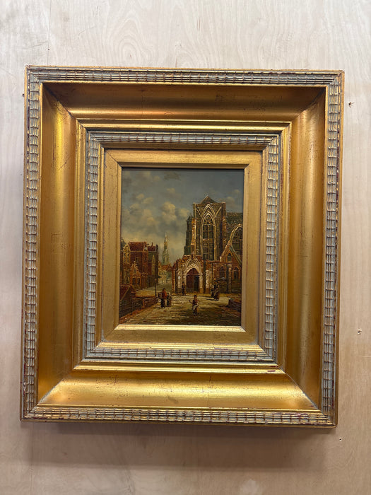 SMALL GOLD FRAMED OIL PAINTING OF GOTHIC CATHEDRAL - SIGNED NELSON