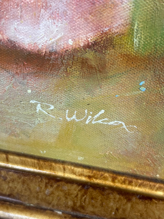 ORNATE GILT FRAMED BALLERINA WEARING PINK OIL PAINTING - SIGNED R. WIKA