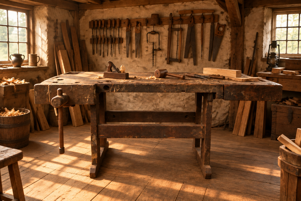 SMALL SLENDER LEG WORK BENCH WITH WOOD VISE