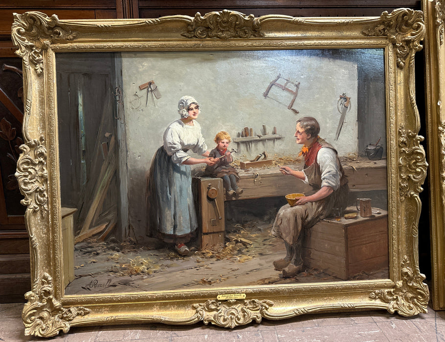 GILT FRAMED 19TH CENTURY OIL PAINTING OF A FAMILY IN THE WORKSHOP - SIGNED ALEXANDER ROSELL