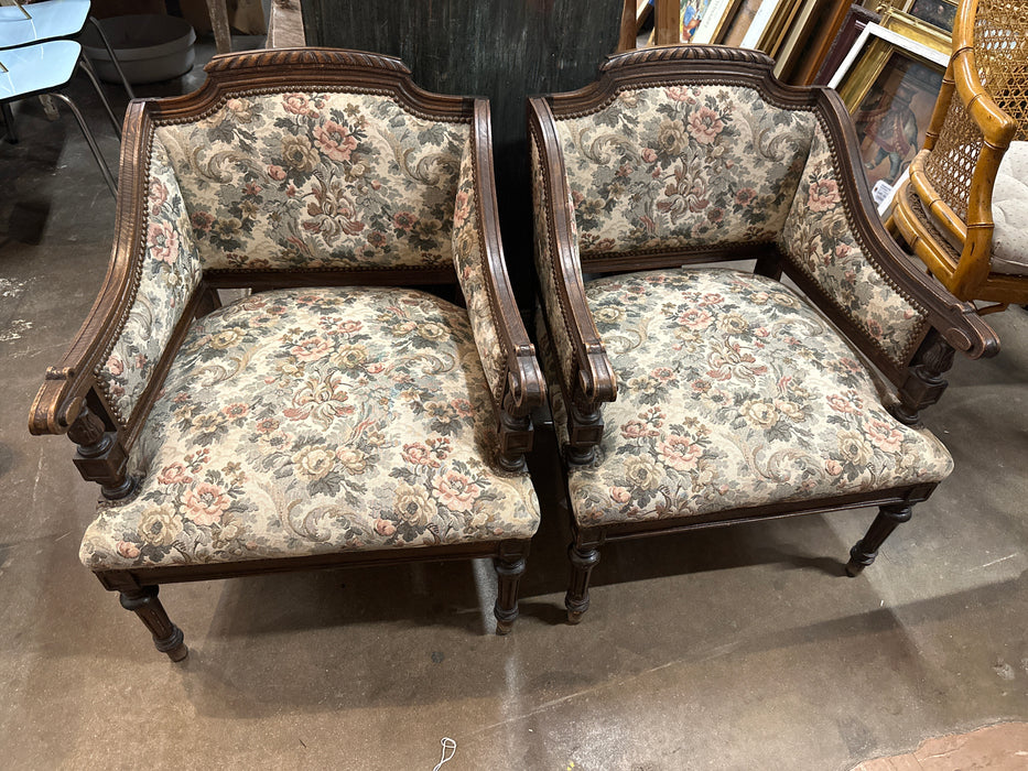 PAIR OF UPHOLSTERED LOW LOUIS XVI ARM CHAIRS