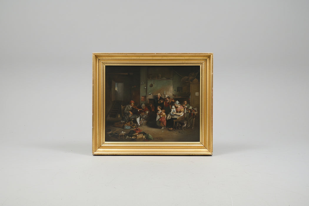 19TH CENTURY RELINED INTERIOR SCENE OIL ON CANVAS PAINTING-FRAME ONLY
