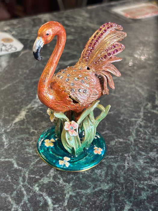 SMALL ENAMELED AND JEWELED PINK FLAMINGO BOX