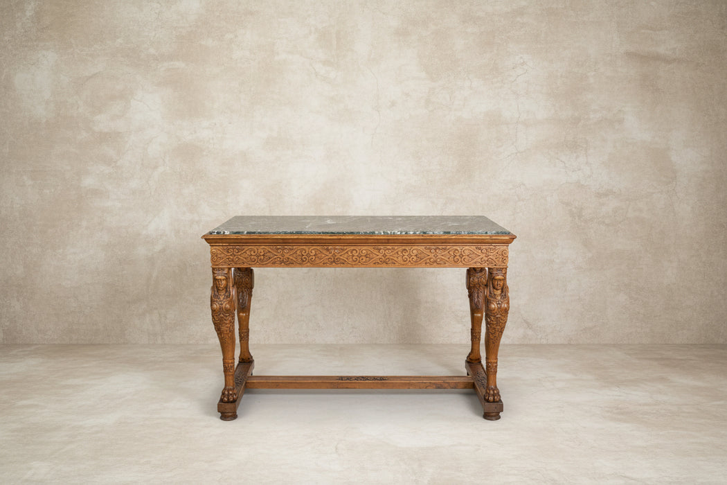 EGYPTIAN MOTIF EMPIRE GREEN MARBLE TOP COCKTAIL TABLE