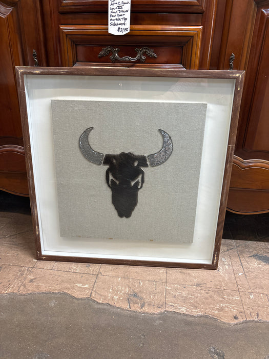 MEDIUM SQUARE FRAMED MIXED MEDIA BULL HEAD  WITH COWHIDE- AS FOUND