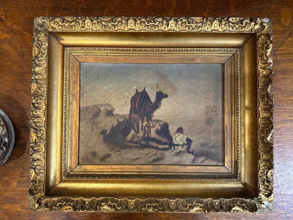 SMALL GILT FRAMED LANDSCAPE OIL PANTING WITH CAMELS