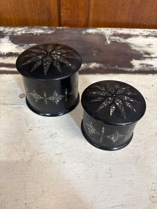 SET OF 2 NESTING MOTHER OF PEARL BLACK LAQUER CYLINDER BOXES