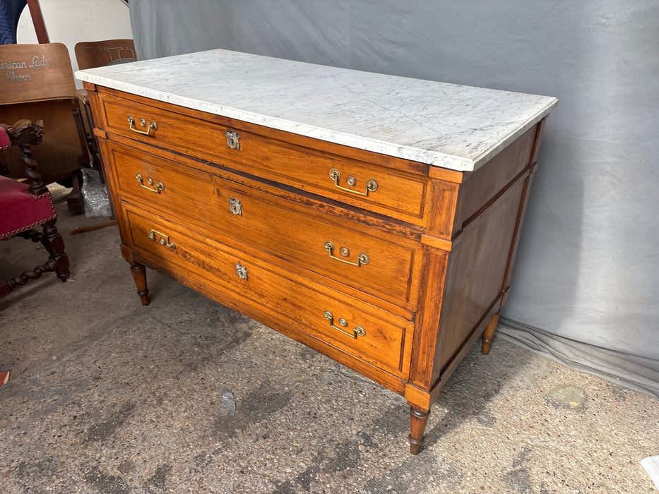 3 DRAWER WHITE MARBLE TOP CHEST WITH BAR PULLS